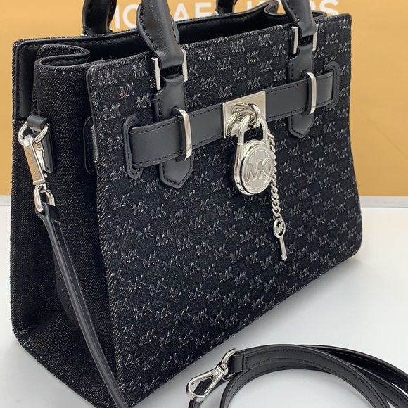 Michael Kors Hamilton Small Logo Embossed Washed Denim Satchel black color - Picture 3 of 15